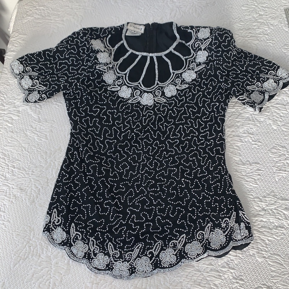 VTG Stenay Black silk Beaded Sequins Evening Top‎ Scalloped Short sleeve Sz S